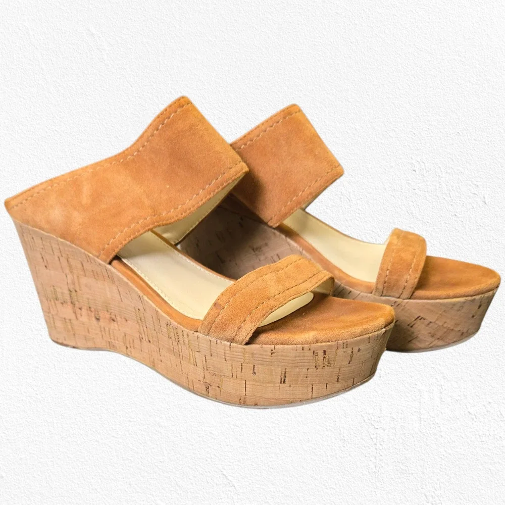 Marc Fisher Shelbee Tan Tawny Suede Slip On Cork Wedge Platform Sandals Size 7.5